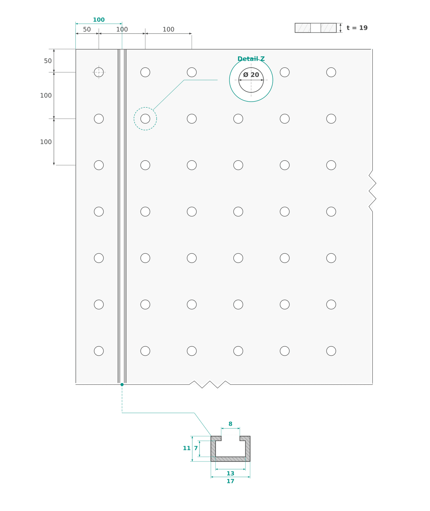 Technische Zeichnung MDF Lochplatte T-Nut – Maße · Alu-Schiene 17×11mm · Ø 20mm · 100mm Raster