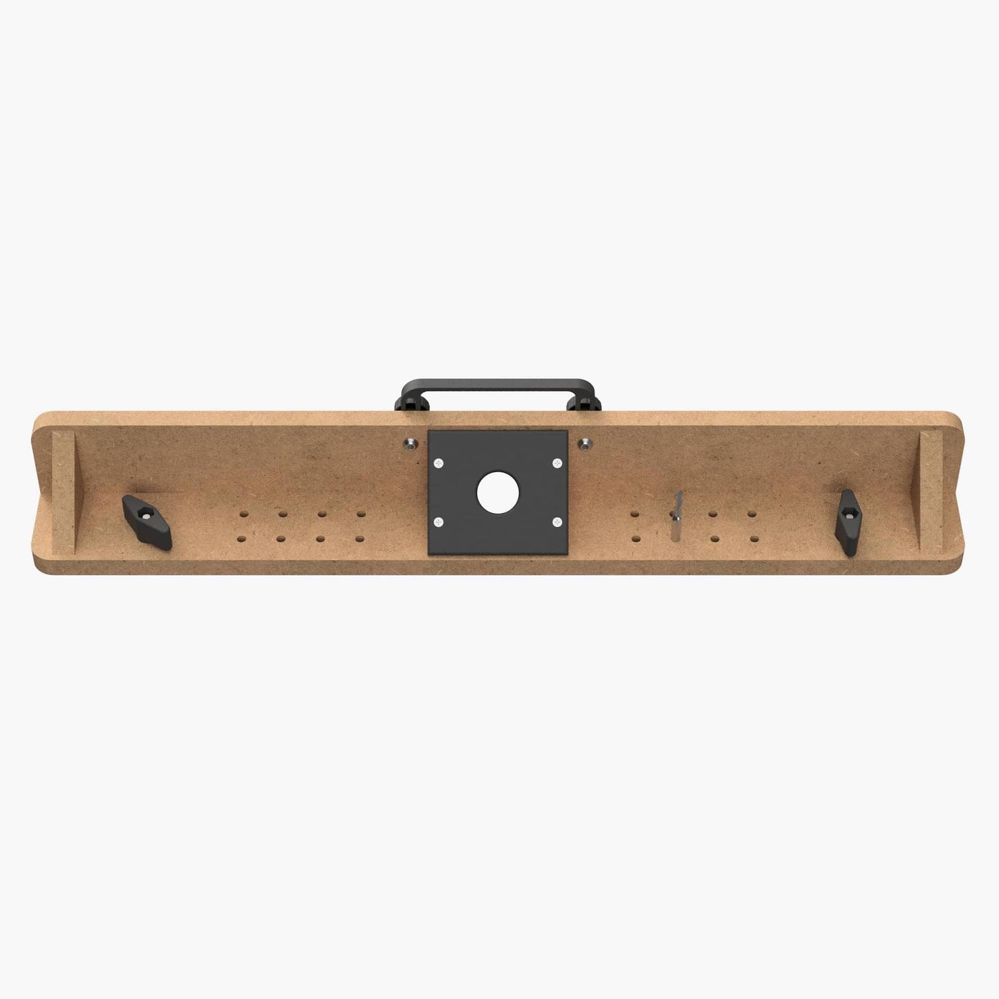 Fräsanschlag für MDF Lochplatte – Schrägansicht Absaugadapter
