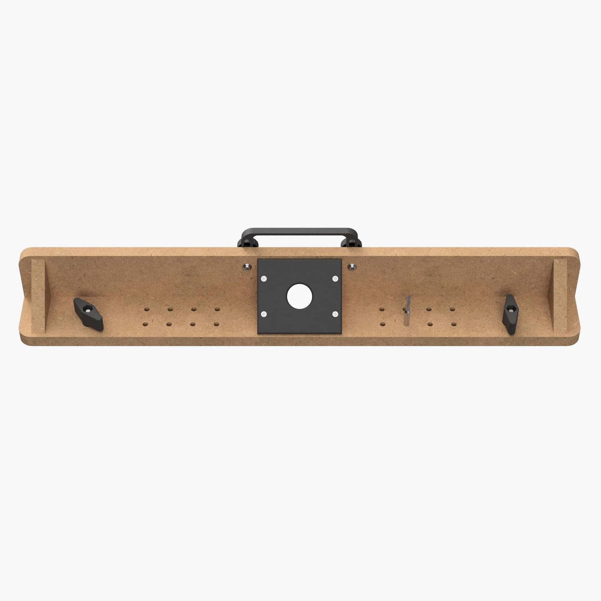 Fräsanschlag für MDF Lochplatte – Schrägansicht Absaugadapter