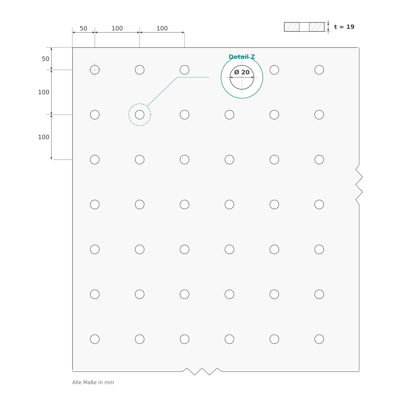 Technische Zeichnung MDF Lochplatte Langloch – Maße · Ø 20mm · 100mm Raster · 19mm
