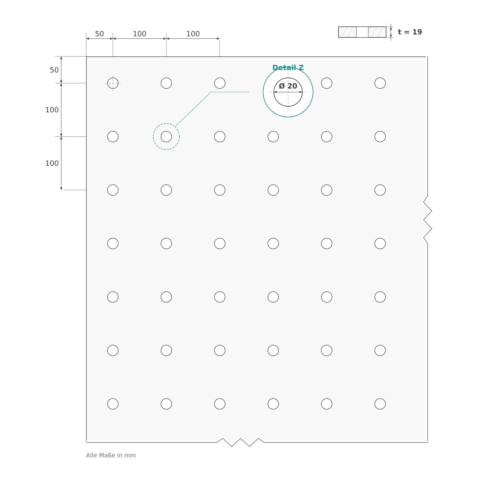 Technische Zeichnung MDF Lochplatte Langloch – Maße · Ø 20mm · 100mm Raster · 19mm