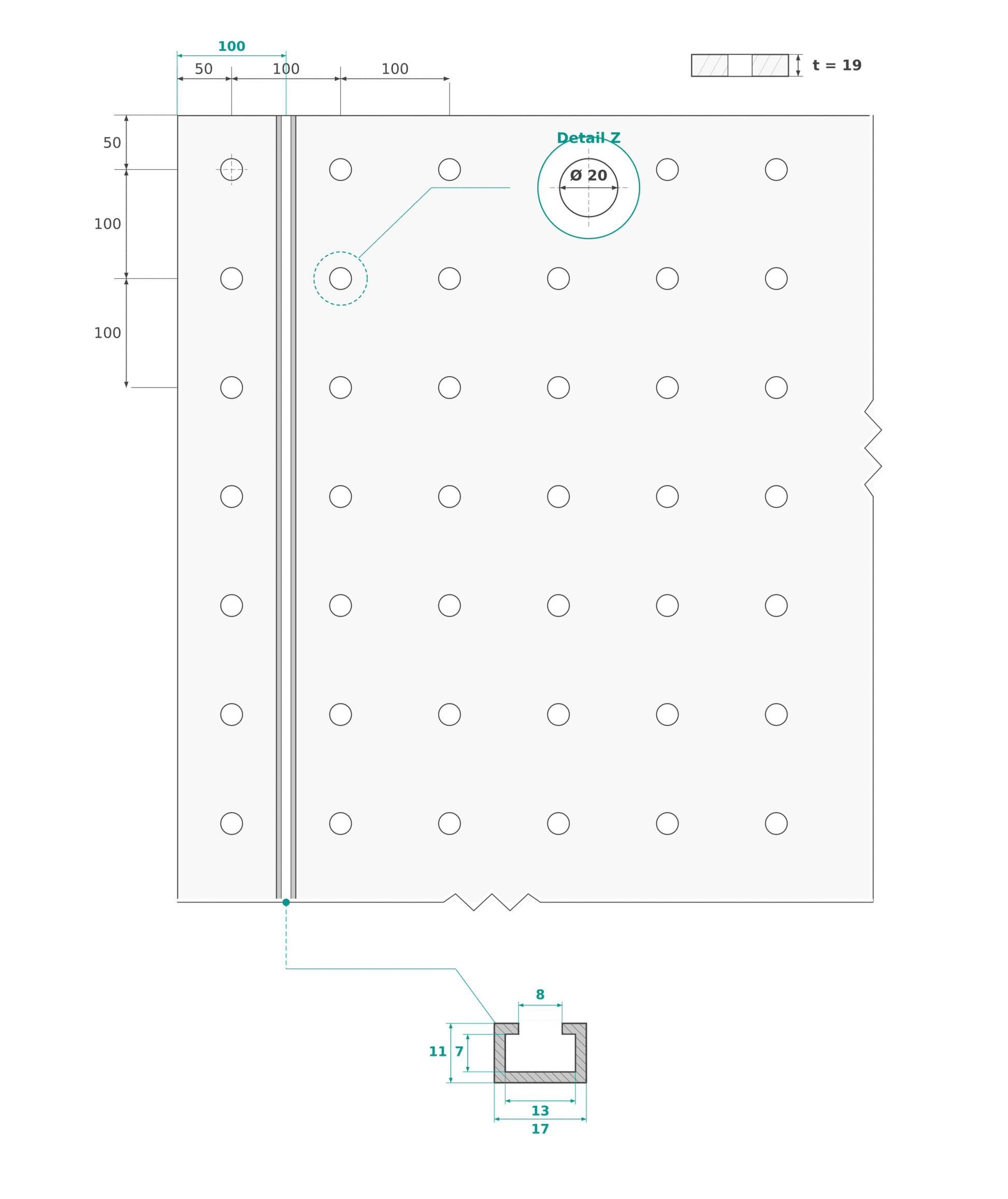 Technische Zeichnung MDF Lochplatte T-Nut – Maße · Alu-Schiene 17×11mm · Ø 20mm · 100mm Raster